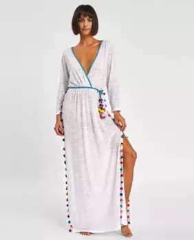 Длинный кафтан Санторини с помпонами Pitusa, бежевый