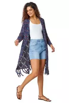 Длинный кардиган из смешанной пряжи с бахромой по краю Roman, синий