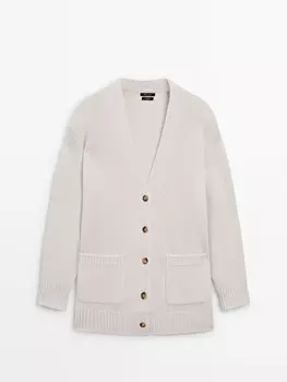 Длинный кардиган простой вязки из 100% кашемира Massimo Dutti, бежевый