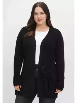 Длинный кардиган Sheego "больших размеров", в рубчик, с завязывающимся поясом, черный