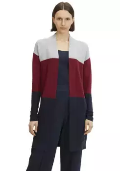 Длинный кардиган TOM TAILOR из ребристой вязки с накладными карманами, цвет Marine-Bordeau X -Colorblocking