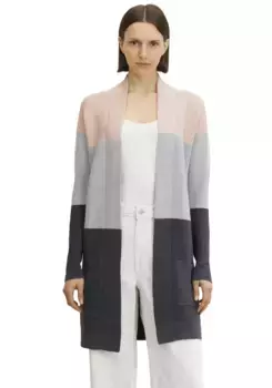 Длинный кардиган TOM TAILOR из ребристой вязки с накладными карманами, цвет Rosa-Grau-Colorblocking