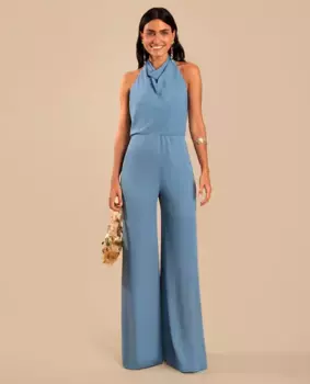 Длинный комбинезон из газа с драпированным воротником-холтер The-Are, синий