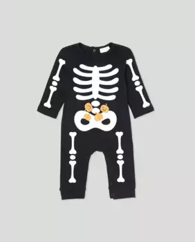 Длинный комбинезон-комбинезон с костями светится в темноте на Хэллоуин для мальчика Cotton Juice, черный