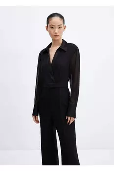 Длинный комбинезон с рубашечным воротником Mango, черный
