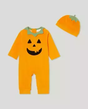 Длинный комбинезон с тыквой на клейкой застежке и шляпа на Хэллоуин для девочки Cotton Juice, красный