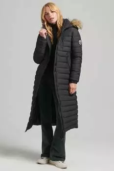Длинный крой с капюшоном и искусственным мехом Superdry, черный