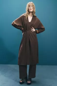 Длинный однотяжной вязки кардиган ZARA, коричневый