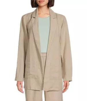 Длинный пиджак Eileen Fisher с открытым передом и карманами и воротником-стойкой из органического льна, бежевый