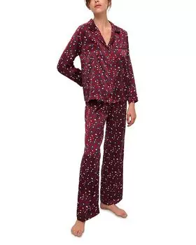 Длинный пижамный комплект из стирающегося шелка с принтом Inez Eberjey, серый