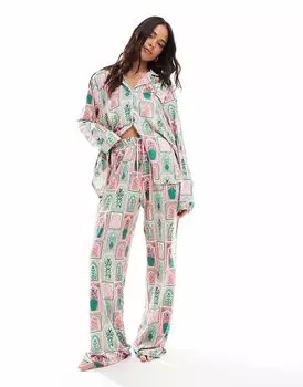 Длинный пижамный комплект Threadbare Printed на пуговицах бледно-зеленого цвета