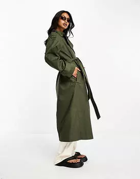 Длинный плащ темного хаки ASOS DESIGN