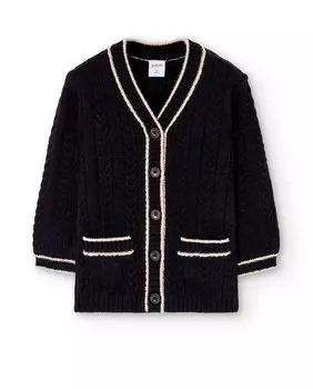 Длинный плетеный кардиган для девочки с декоративным воротником Boboli, черный