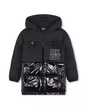 Длинный пуховик для девочки с капюшоном и застежкой-молнией DKNY, черный