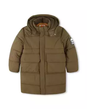 Длинный пуховик для мальчика с капюшоном и логотипом на спине Timberland, цвет Kaki