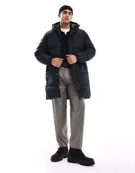 Длинный пуховик с капюшоном черного цвета Jack & Jones