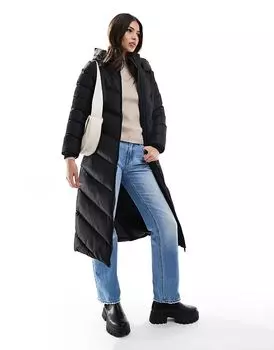 Длинный пуховик с капюшоном черного цвета Threadbare