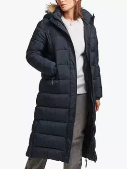 Длинный пуховик с капюшоном из искусственного меха Superdry, темно-синий Eclipse