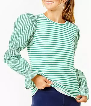 Длинный пуловер в полоску с круглым вырезом Addison Bay с пышными рукавами и полосками, зеленый