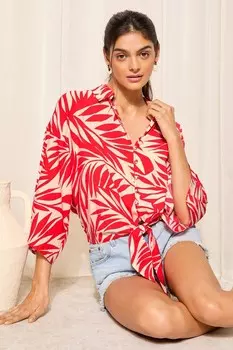 Длинный рукав и завязка на пуговицах спереди на блузках с принтом Friends Like These, красный