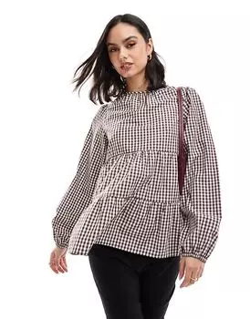 Длинный рукав, многослойный топ в коричневую клетку в клетку ASOS DESIGN