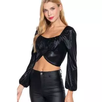 Длинный Slv рюшированный металлический трикотажный топ FASHNZFAB, черный