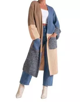 Длинный свитер-пыльник с цветными блоками и карманами в синем цвете ELAN