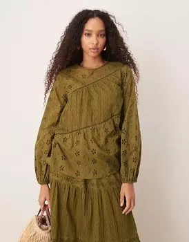 Длинный топ ASOS DESIGN с комбинированной вышивкой и объемными рукавами зеленого цвета