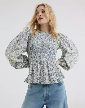 Длинный топ River Island с присборенной юбкой синего цвета