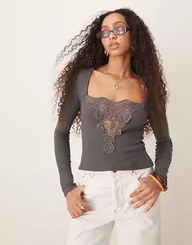 Длинный топ с кружевными вставками ASOS DESIGN темно-серого цвета
