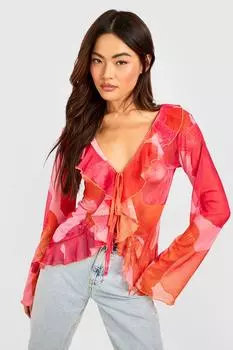 Длинный топ с рюшами передней части и цветочной сеткой Boohoo, розовый