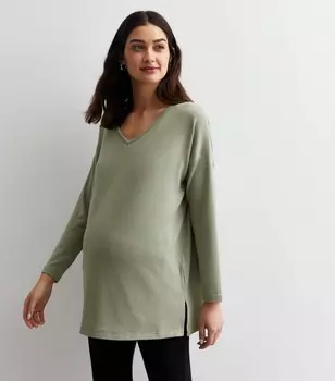 Длинный топ тонкой вязки с V-образным вырезом цвета хаки для беременных New Look, хаки