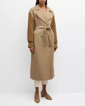 Длинный тренч Cicladi с рукавами косой вязки и поясом Max Mara, цвет Camel