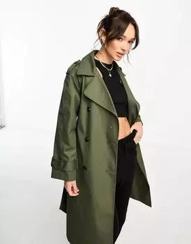 Длинный тренч темно-хаки ASOS