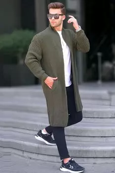 Длинный трикотажный кардиган цвета хаки с высоким воротником и карманами 6816 MADMEXT