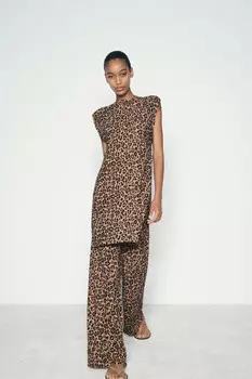 Длинный трикотажный топ с животным принтом ZARA, цвет leopard