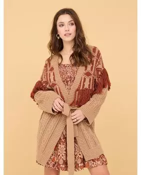 Длинный вязаный женский жакет с бахромой Nud, красный