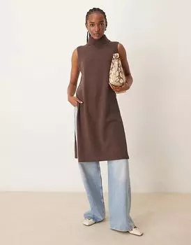 Длинный вязаный жилет с высоким воротом шоколадно-коричневого цвета JDY