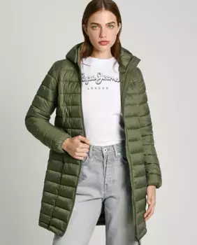 Длинный женский пуховик со съемным капюшоном Pepe Jeans, темно-зеленый