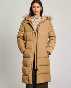 Длинный женский пуховик со съемным меховым капюшоном Pepe Jeans, коричневый