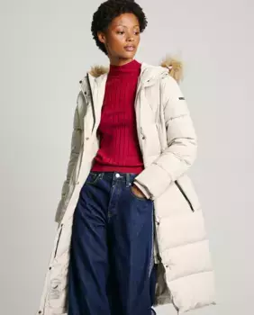 Длинный женский пуховик со съемным меховым капюшоном Pepe Jeans, белый