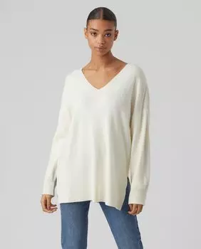 Длинный женский свитер с V-образным вырезом Vero Moda, белый