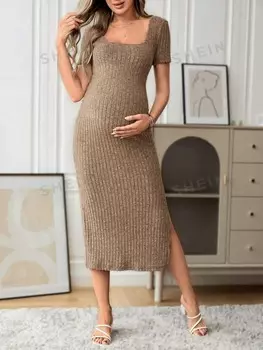 Для беременных, платье с квадратным вырезом, высокий разрез Shein, хаки