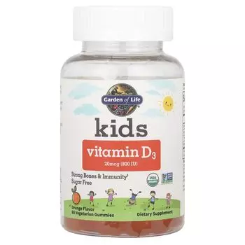 Для детей, витамин D3, апельсин, 20 мкг (800 МЕ), 60 вегетарианских жевательных конфет Garden Of Life