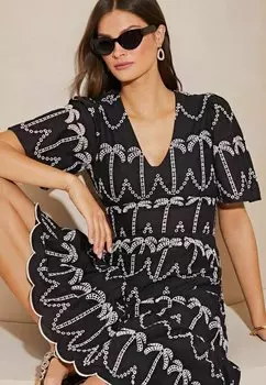 Дневное платье BRODERIE SHORT SLEEVE PALM EMBROIDERED MIDI PETITE Lipsy, черный