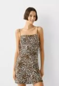 Дневное платье PRINTED STRAPPY- MINI Bershka, коричневый