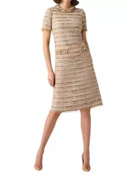 Дневное платье с отделкой из букле и бахромой бежевого цвета Teri Jon