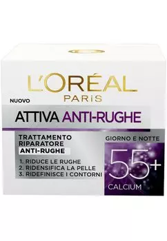 Дневной крем Crema Viso Anti-Rughe Attiva 55+, Trattamento Riparatore Anti-Rughe, Ridansifica E Ridefinisce I Contorni, 50 Ml L'Oral, прозрачный