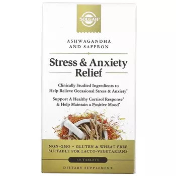 Добавка для Снятие Стресса и Тревоги Solgar, ашваганда и шафран, 30 таблеток