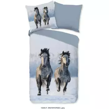 Доброе утро детское постельное белье "Снежная лошадка", бобр, 135х200, зимнее, теплое, молния, двусторонний вид, детский, лошадки Good Morning, серый